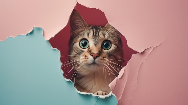 Zabawny kot patrzy przez rozerwaną dziurę na tle pastelowego papieru Peekaboo AI Generative