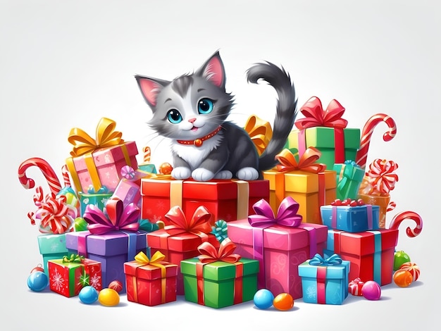 Zabawny kot uśmiechający się na imprezie z prezentami balonowymi i cukierkami izolowanymi na białym tle