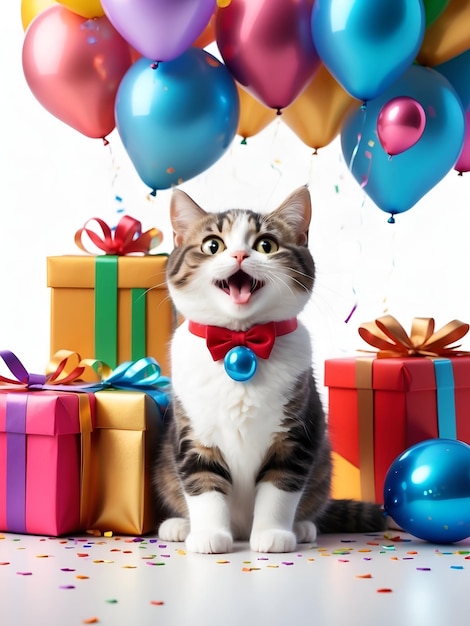 Zabawny kot uśmiechający się na imprezie z prezentami z balonami i konfetti izolowanymi na białym tle