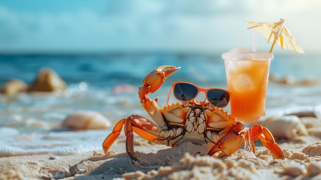 Zabawny krab w okularach przeciwsłonecznych na piaszczystej plaży z koktajlem