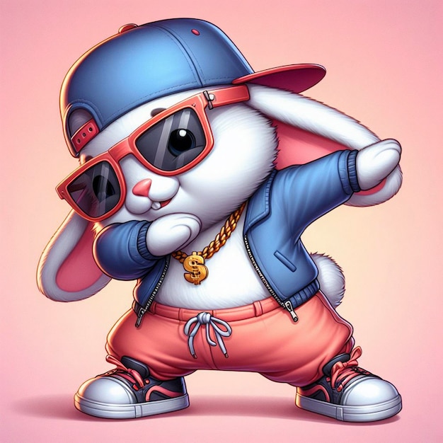 Zabawny królik w kolorowych ubraniach i okularach przeciwsłonecznych tańczący na pastelowym tle