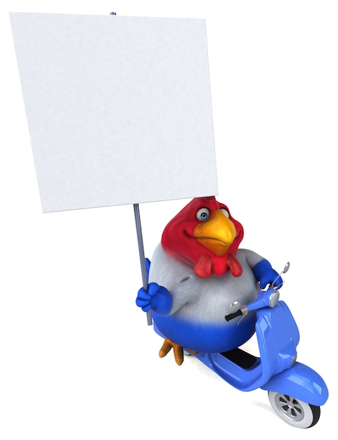 Zdjęcie zabawny kurczak 3d na hulajnodze z tabliczką
