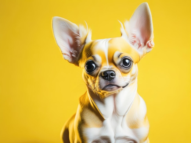 Zabawny ładny pies chihuahua na miękkim pastelowym żółtym tle ai generatywny