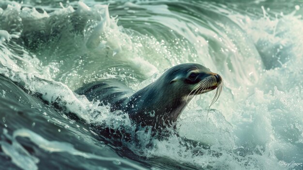 Zabawny lew morski bawiący się w falach jego zwinne ciało skręcające się i obracające się z bezgraniczną energią jak cieszy się wolnością otwartego oceanu