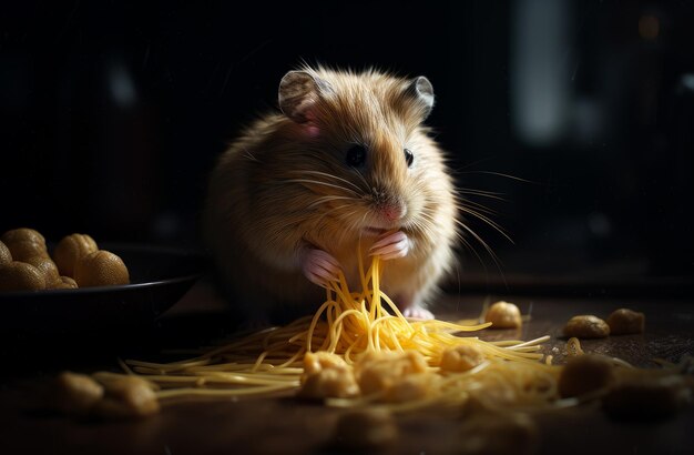 Zabawny mały chomik je spaghetti i orzechy na ciemnym tle