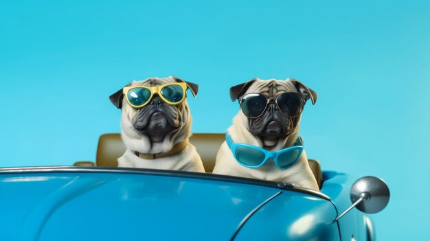 Zabawny mops z okularami przeciwsłonecznymi w autko i cieszy się