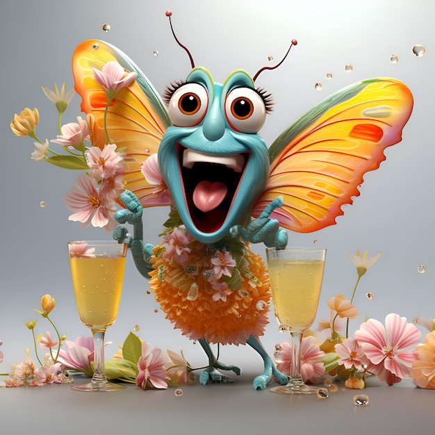 Zdjęcie zabawny motyl z kieliszkami szampana i kwiatami ilustracja 3d