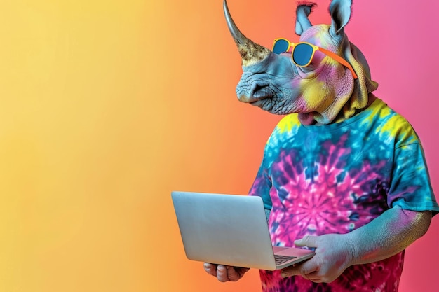 Zabawny nosorożec z okularami przeciwsłonecznymi i laptopem na kolorowym tle