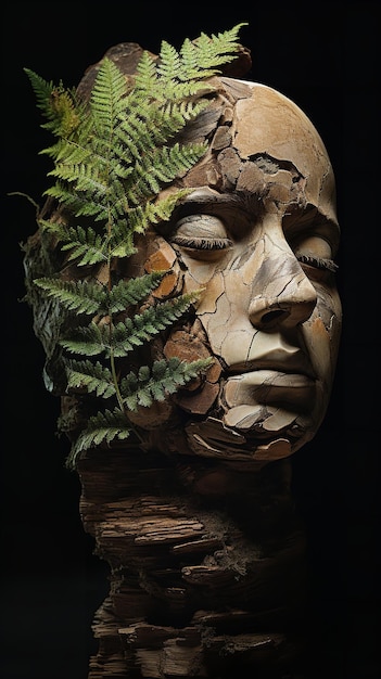 Zabawny obraz ludzkiego posągu z paprocią rosnącą w środku, który jest wyrzeźbiony z skamieniałego drewna