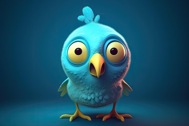 Zabawny obraz przedstawiający ptaka rysunkowego 3D w kolorach niebieskim i żółtym z niebieskim tłem Generacyjna sztuczna inteligencja