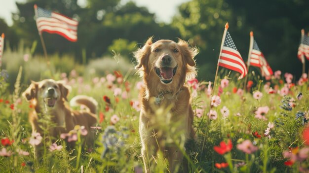 Zdjęcie zabawny obraz psów bawiących się na polu dzikich kwiatów ozdobionych amerykańskimi flagami.