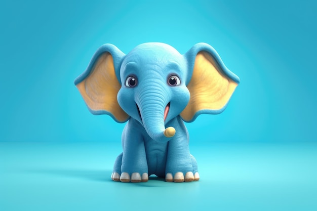 Zabawny obraz słonia z kreskówek 3D w kolorach niebieskim i żółtym z niebieskim tłem Generacyjna sztuczna inteligencja