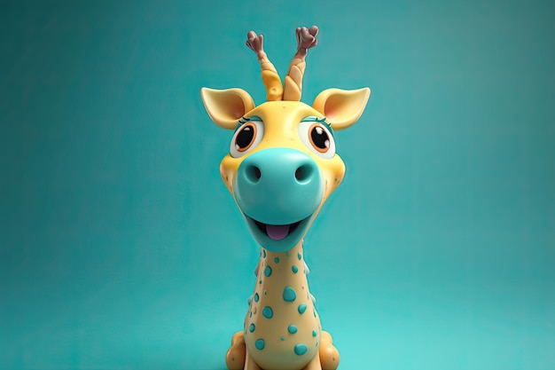 Zabawny obraz żyrafy animowanej 3D w kolorach niebieskim i żółtym z niebieskim tłem Generacyjna sztuczna inteligencja