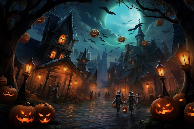 Zabawny obrazek na Halloween przedstawiający dzieci w kostiumach „Cukierek albo psikus” ozdobione sąsiedztwem