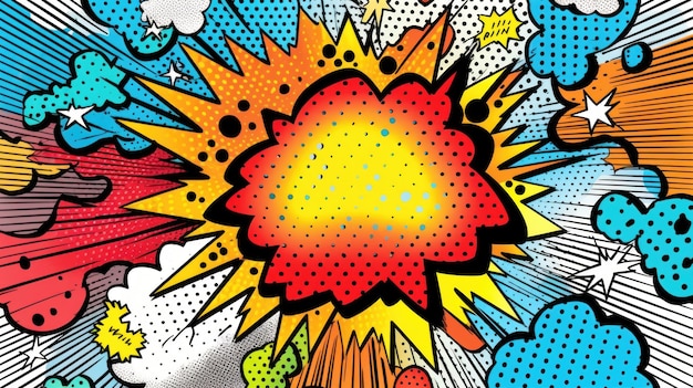 Zdjęcie zabawny panel komiksowy superbohatera z dymkami i eksplozjami
