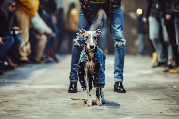 Zabawny pies greyhound paradujący na wycieczce mody