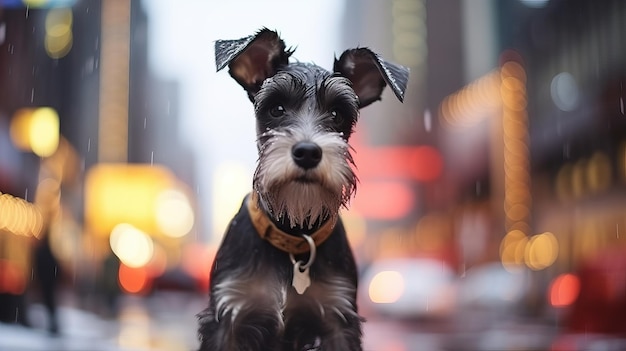 Zdjęcie zabawny pies mittelschnauzer w środowisku miejskim