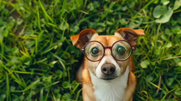 Zabawny pies noszący okrągłe okulary na tle zielonej trawy Koncepcja dnia głupców kwietnia