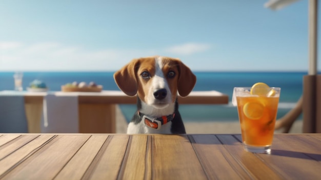 Zabawny pies pijący koktajle w barzeOcean na plażyGeneratywna sztuczna inteligencja