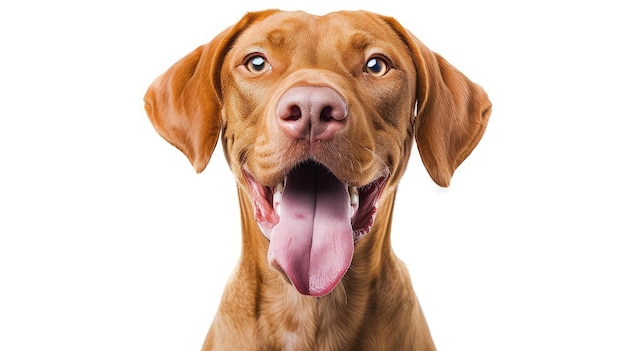 zabawny pies pokazuje język węgierski vizsla na białym tle