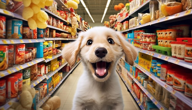 Zabawny pies robi zakupy w sklepie spożywczym na produkty dla zwierząt domowych lub ciasteczka dla psów Pies z zakupami
