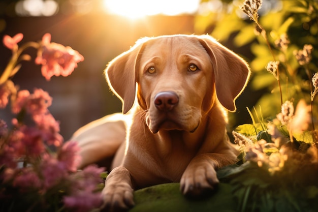 Zabawny pies Szczeniak eksplorujący pole kwiatów Generacyjna sztuczna inteligencja