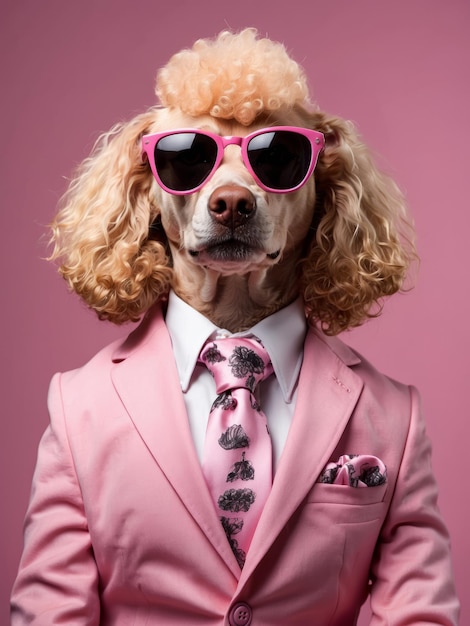 Zdjęcie zabawny pies w różowym garniturze i okularach przeciwsłonecznych na różowym tle