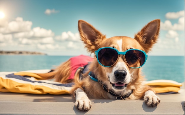 Zabawny pies z modnymi okularami leży na plaży.