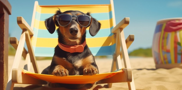 Zdjęcie zabawny pies, zwierzę domowe, leniwy, relaksujący krzesło, okulary słoneczne, wakacje, lato, generatywna sztuczna inteligencja.