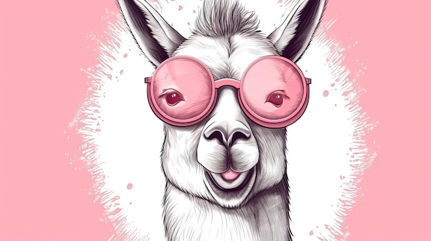 Zabawny plakat portretu lamy w różowych okularach ust z technologią generatywnej sztucznej inteligencji