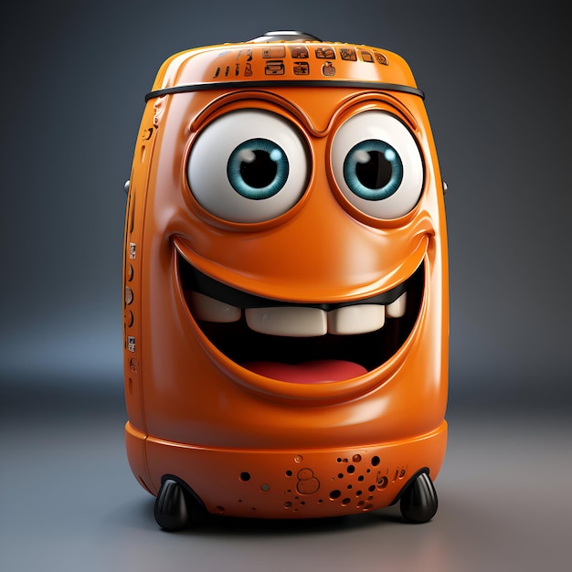 Zabawny pomarańczowy robot z dużymi oczami na ciemnym tle ilustracja 3D