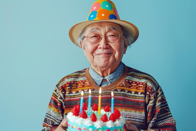 Zabawny portret chińskiego dziadka w kapeluszu urodzinowym z ciastem i zapalonymi świecami na niebieskim