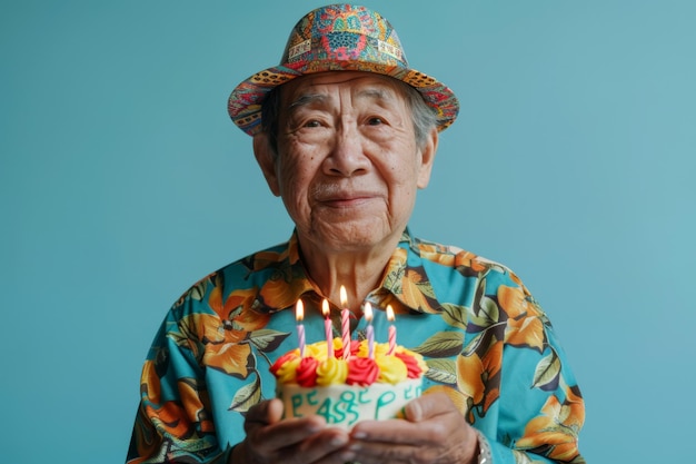 Zabawny portret chińskiego dziadka w kapeluszu urodzinowym z ciastem i zapalonymi świecami
