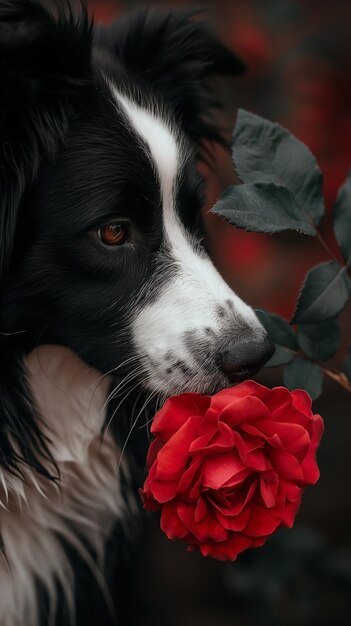 Zdjęcie zabawny portret uroczy szczeniak pies czarno-biały border collie gryzie różę w ustach