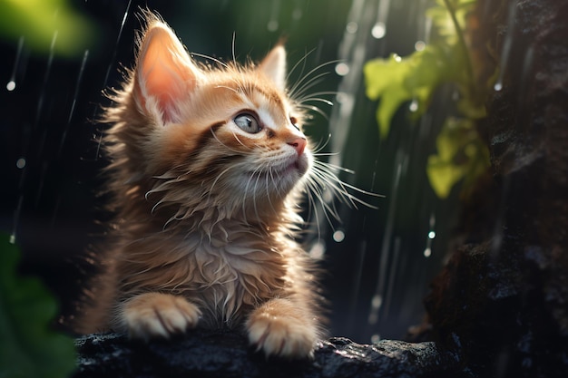 Zabawny puszysty kociak odkrywca w naturze w deszczu mały śliczny imbirowy kot w leśnym deszczowym dniu