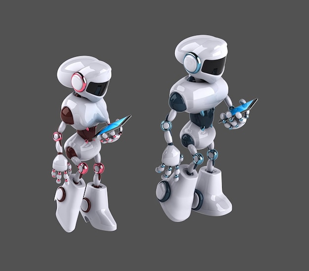 Zabawny robot 3D chodzący i korzystający ze smartfona