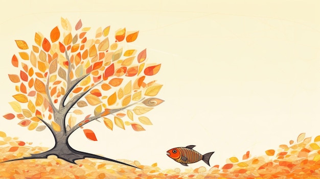 Zabawny rysunek ryby pod jesiennym drzewem Doodle ilustracja