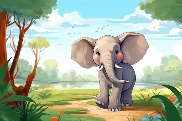 Zabawny słoń w dzikiej przyrodzie Rysowana ilustracja kreskówek zwierząt Generatywna ai