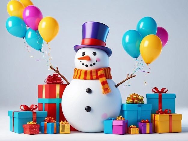 Zabawny śnieżak z mnóstwem balonów i prezentów wokół radosnego tła dla sezonu świątecznego