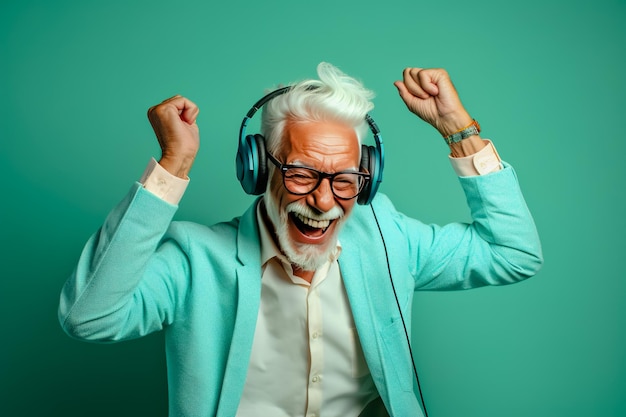Zabawny starszy mężczyzna z brodą nosi turkusową kurtkę i słucha muzyki z słuchawkami