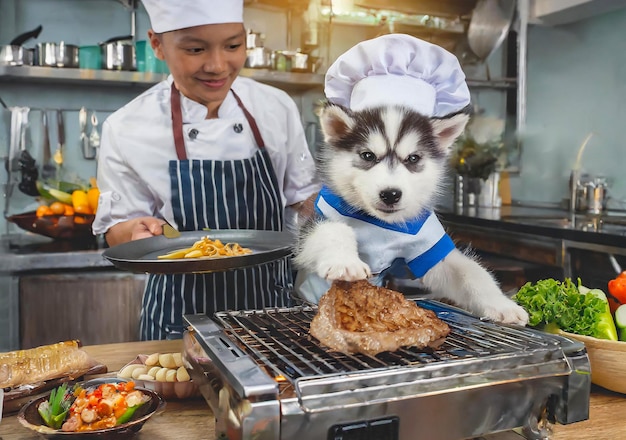 Zdjęcie zabawny syberyjski husky główny kucharz gotowanie z lady sous chef wsparcie