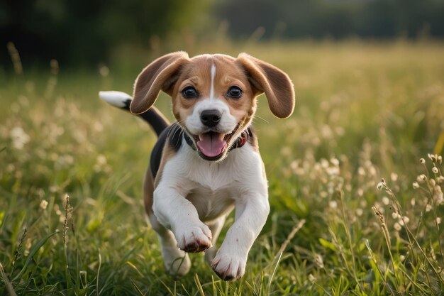 Zabawny szczeniak beagle bawiący się na świeżym powietrzu