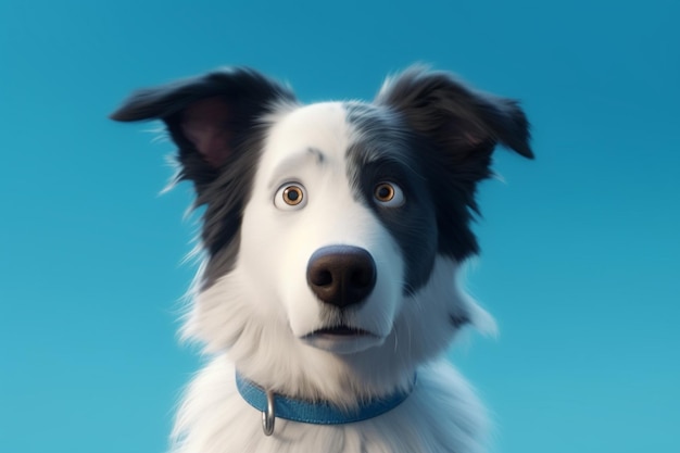 Zabawny szczeniak border collie pies siedzi na niebieskim tle renderowania 3d