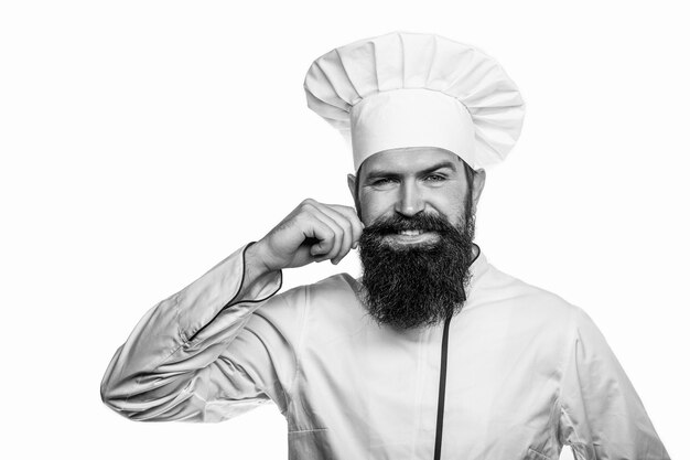Zabawny szef kuchni z kucharzem z brodą Mężczyzna z brodą i wąsami w fartuchu na szelkach Mężczyzna w pieluszce Czarno-biały