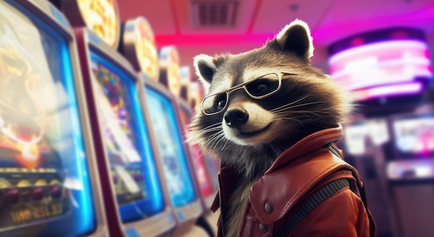 Zdjęcie zabawny szop pracz w stylowym stroju i okularach przed automatami w kasynie vegas games