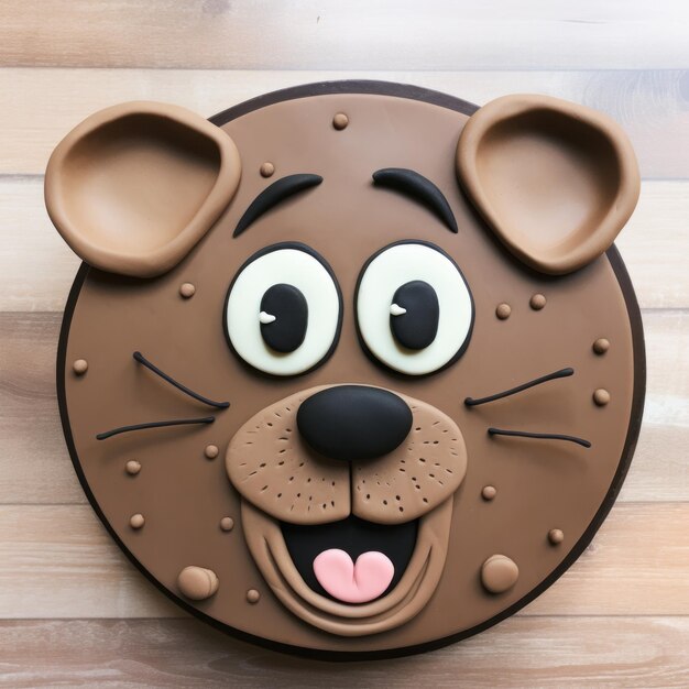 Zabawny tort z twarzą niedźwiedzia na drewnianym stole