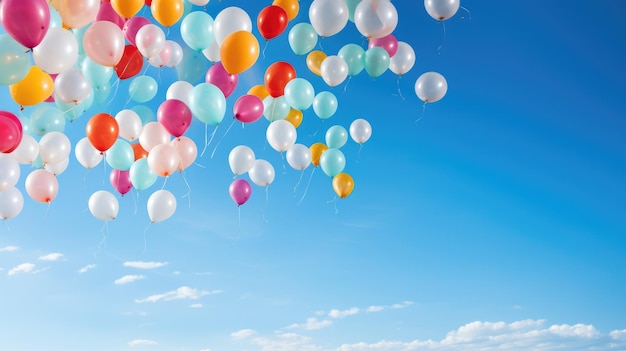 zabawny układ kolorowych balonów unoszących się na tle czystego, błękitnego nieba