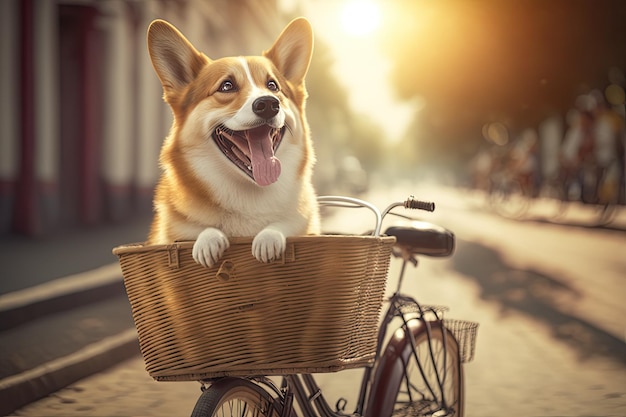 Zabawny uśmiechnięty Corgi w koszyku rowerowym jedzie w słoneczny dzień Generative AI AIG15