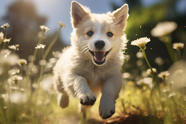 Zabawny wesoły pies bawiący się na zewnątrz biały figlarny puszysty zwierzak biegający w słoneczny letni dzień