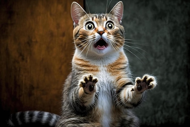 Zabawny zaskoczony kot z pytającą pozą Słodki kociak pyta z zaskoczeniem, gdzie są smakołyki Wygenerowana sztuczna inteligencja
